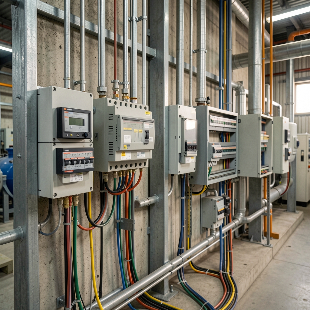 Medidores y tableros eléctricos en una instalación industrial argentina sin personas